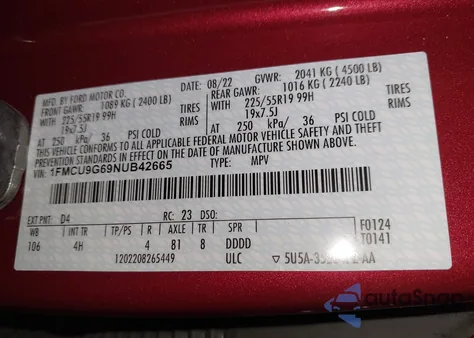 2022 Ford Escape Se из США, поврежденный, VIN 1FMCU9G69NUB42665